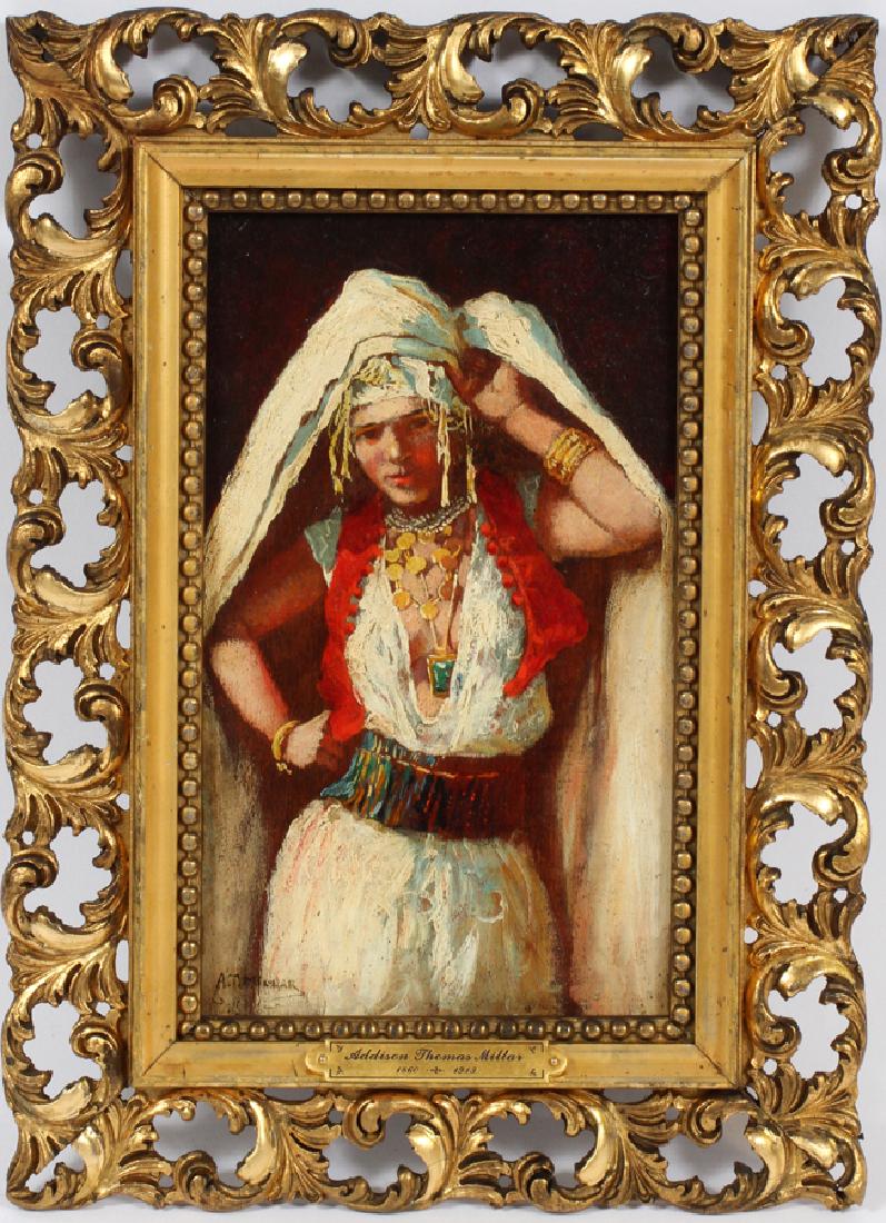 ADDISON THOMAS MILLAR OIL ON MAHOGANY PANEL: ADDISON THOMAS MILLAR [AMERICAN, 1860â€“1913] OIL ON MAHOGANY PANEL, H 9.5", W 5.5", PORTRAIT OF A GYPSY WOMAN :Signed lower left. Framed size H 14", W 10".