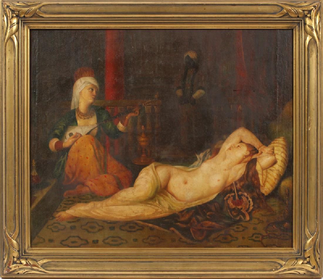 OIL ON BOARD RECLINING FEMALE NUDE: OIL ON BOARD, H 17.75" W 24", RECLINING FEMALE NUDE :An oil on board depicting a reclining female nude serenaded by a female musician. Unsigned. Framed size H 25", W 29".