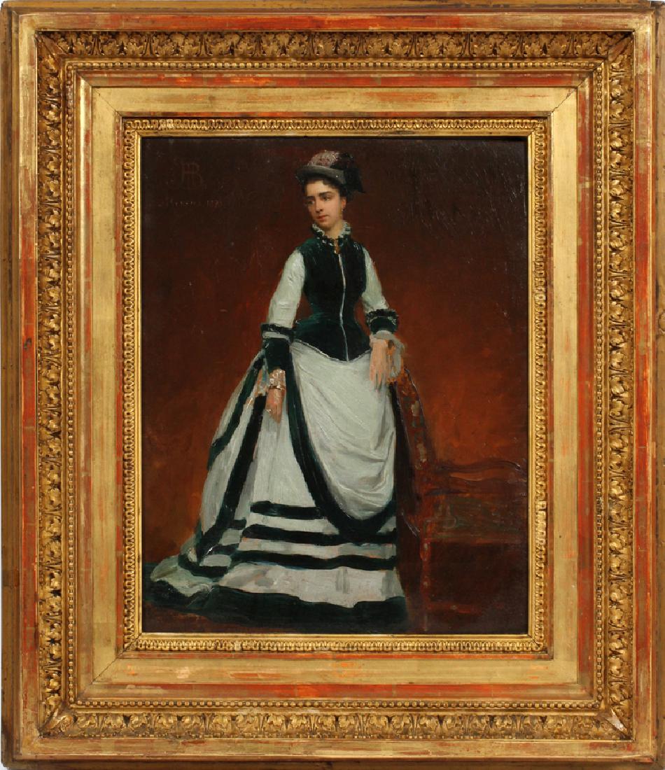 JEAN ANDRE RIXENS OIL ON MAHOGANY PANEL, 1875: JEAN ANDRE RIXENS [FRENCH, 1846-1924] OIL ON MAHOGANY PANEL, 1875, H 15", W 12" STANDING WOMAN :A portrait of a standing woman in a black and white dress and wearing a hat. Signed and dated lower left