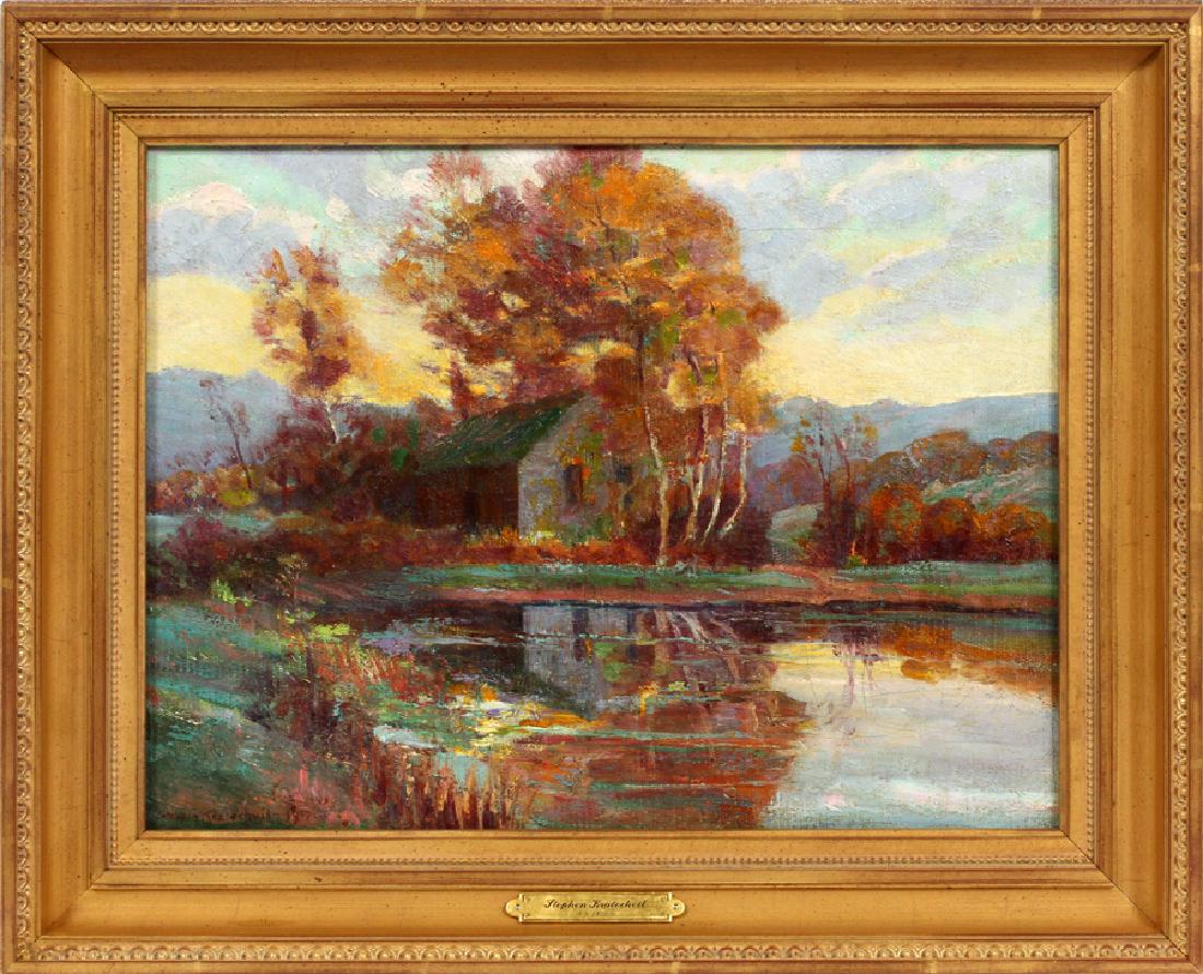 STEPHEN KRATOCHVIL OIL ON CANVAS: STEPHEN KRATOCHVIL [AMERICAN, B. 1876] OIL ON CANVAS, H 12.25", W 16", AUTUMN LANDSCAPE :An Autumn landscape featuring a pond, trees, a farm building and mountains in the background. Signed lower left