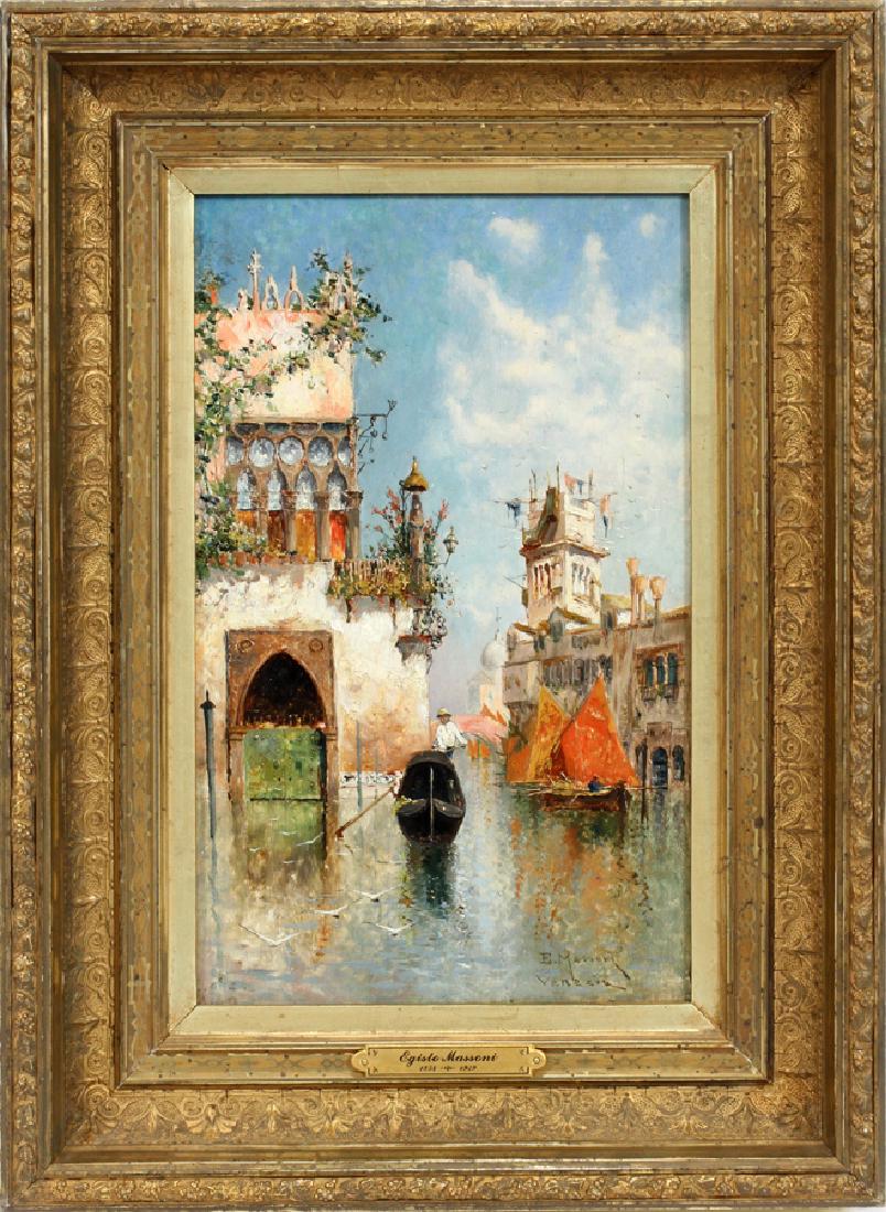 EGISTO MASSONI OIL ON WOOD PANEL: EGISTO MASSONI, 1854 - 29, OIL ON WOOD PANEL H 13" W 8" GONDOLIER NEAR DOGE'S PALACE :Signed. Original gilt frame: 18.5" x 13.5".