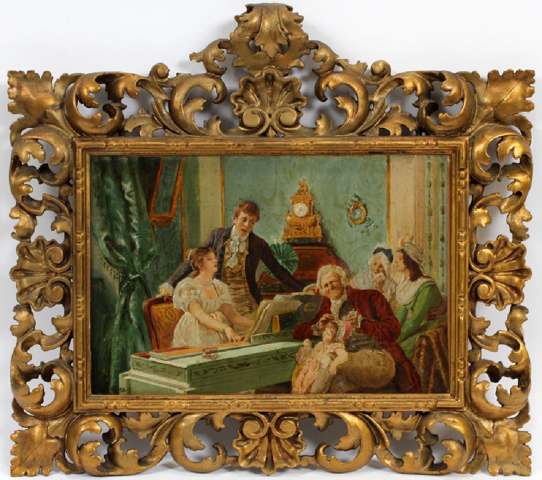 A. ROSSI OIL ON PANEL, H 9", W 13 1/4": A. ROSSI OIL ON PANEL, H 9", W 13 1/4" :In an elaborately carved wood scrolling leaf frame size H 16 3/4" L 19"