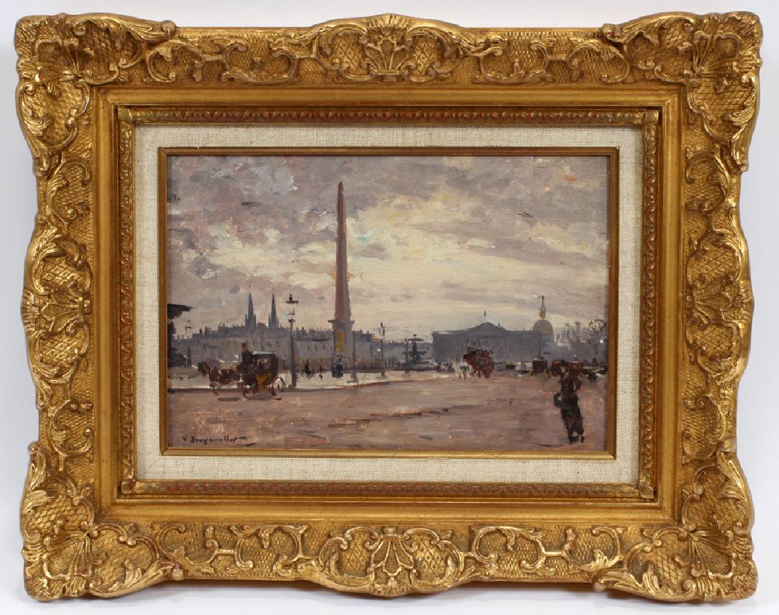 VICTOR BRUGAIROLLES, OIL ON WOOD BEVELED PANEL: VICTOR BRUGAIROLLES, OIL ON WOOD BEVELED PANEL, H 7 1/4", W 10 5/8", FRENCH STREET SCENE :Signed lower left. Depicting a French street scene with figures and a carriage. In a gilt wood and gesso frame