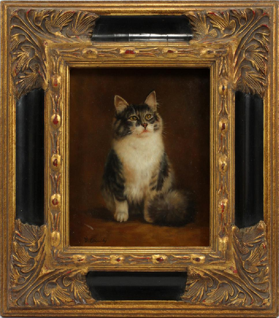 LAURA E. CASSIDY OIL ON BEVELED WOOD PANEL: LAURA E. CASSIDY (AMERICAN, EARLY 20TH C.), OIL ON BEVELED WOOD PANEL, H 9.5", W 7.75", PORTRAIT OF A CAT :Signed lower left; gilt frame, 17" x 15". Label from Stair Galleries, lot 465/2, c. 1970.