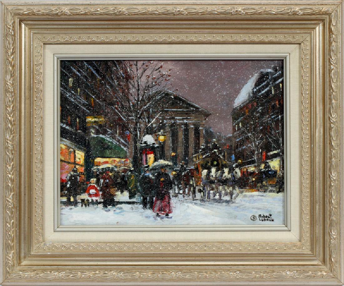 ROBERT LEBRON OIL ON CANVAS LA MADELEINE: ROBERT LEBRON [AMERICAN, 1928 - 2013] OIL ON CANVAS, H 9", W 12", LA MADELEINE :Paris street scene with horse drawn carriages in winter. Signed lower right. Framed size H 14.5", W 17.5".