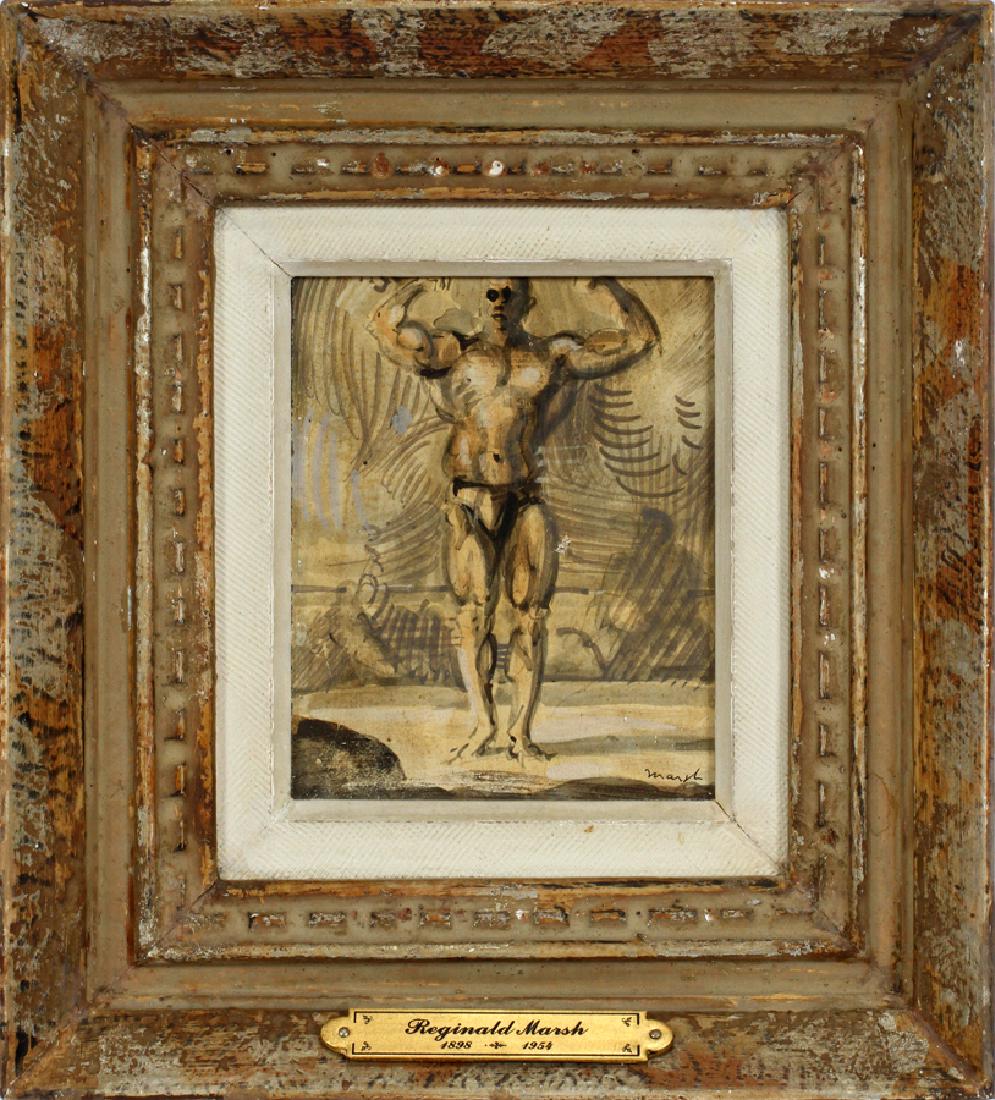 REGINALD MARSH OIL ON BOARD BODY BUILDER: REGINALD MARSH (AMERICAN, 1898â€“1954), OIL ON BOARD, H 5 1/8", W 4", BODY BUILDER :Signed lower right. Framed size H 9 3/8", W 8 3/8".