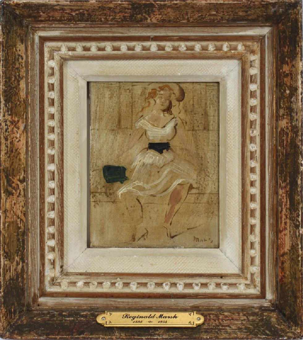 REGINALD MARSH OIL ON BOARD: REGINALD MARSH [AMERICAN, 1898-1945] OIL ON BOARD, H 5 1/8", W 4", WOMAN SEATED ON SUBWAY :Signed lower right. Framed size H 9 3/8", W 8 3/8".