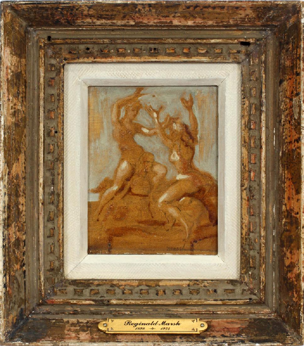 REGINALD MARSH OIL ON BOARD TWO WOMEN DANCING: REGINALD MARSH [AMERICAN, 1898-1954] OIL ON BOARD, H 5 1/8", W 4", TWO WOMEN DANCING :Signed lower right. Framed size H 9 3/8", W 8 1/4".
