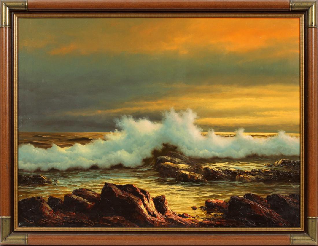 LUDWIG MUNINGER OIL ON CANVAS SUNSET SCENE: LUDWIG MUNINGER (GERMAN, 20TH C.), OIL ON CANVAS, H 22 1/2'', W 31'', SUNSET SCENE :With frame H 26 1/2'' x W 35''; signed lower left.