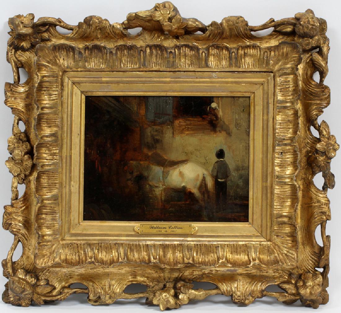 ATT. TO WILLIAM COLLINS OIL ON WOOD PANEL: ATT. TO WILLIAM COLLINS, 1788 - 47, OIL ON WOOD PANEL H 6.5" W 8" "CALLING UP THE DOCTOR" :Royal Academy artist. No signature. Hand carved Florentine gilt frame 12" x 16".