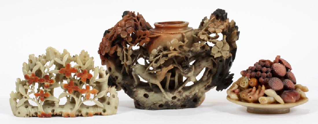 CHINESE HARD STONE CARVINGS, 3 PCS: CHINESE HARD STONE CARVINGS, 3 PCS, H 4.5", W 7", D 3":A grouping of three Chinese hard stone carvings. This lot includes one vessel adjacent to a central composition of deer in foliage, one platter o