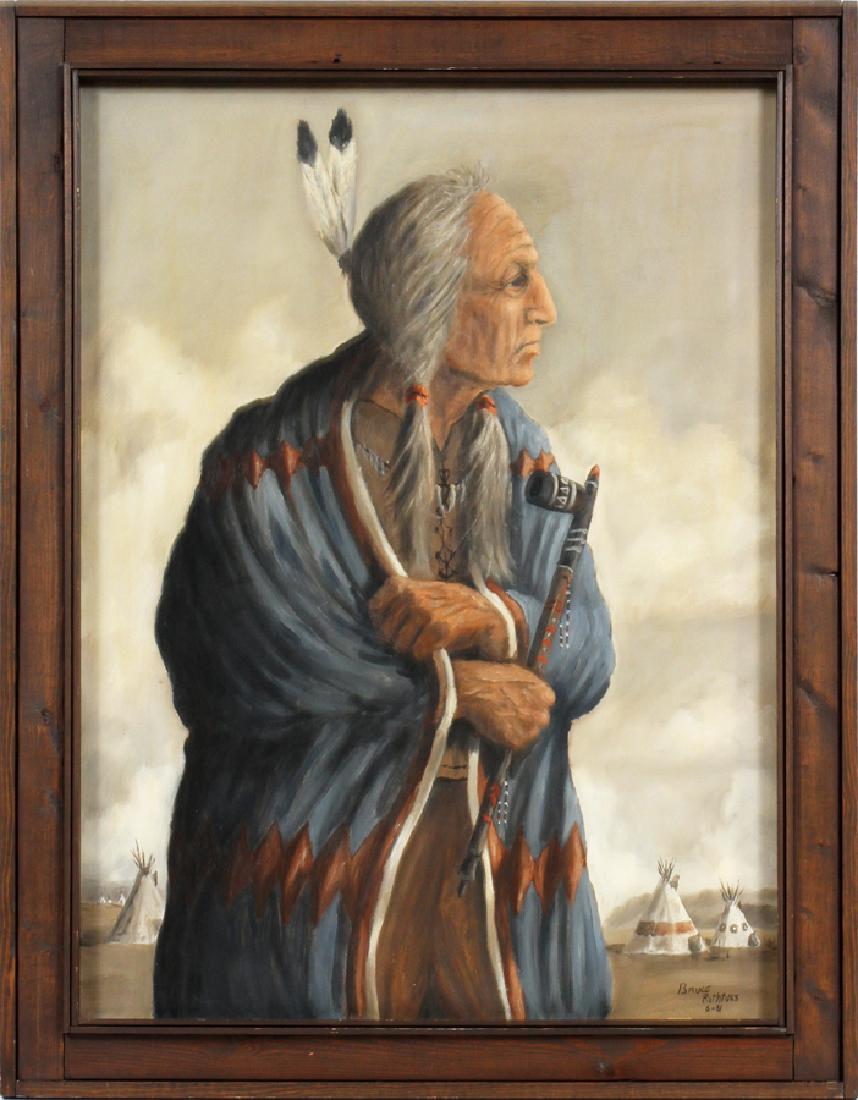 BRUCE ROTHFUSS OIL ON PANEL, 1981: BRUCE ROTHFUSS (USA, 20TH/21ST C.), OIL ON PANEL, 1981, PANEL SIZE: H 30", W 22", STANDING ELDERLY INDIAN HOLDING A PEACE PIPE :Signed and dated 6-'81 lower right; original wood frame (c. 34" x 26 1/2