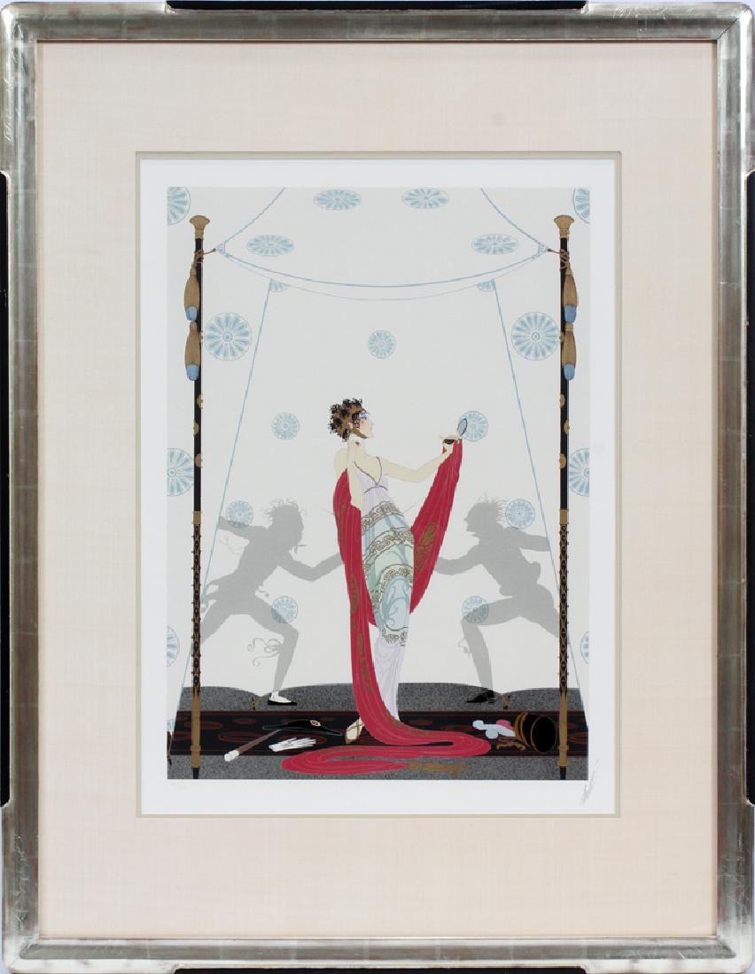 ERTE, COLOR SERIGRAPH "THE DUEL": ERTE, COLOR SERIGRAPH, H 24 1/2", L 17 3/4" "THE DUEL" :Pencil signed lower right, standing female figure. Numbered 46/300. Limited edition. Matted and framed under glass. Silver and black gilt frame.