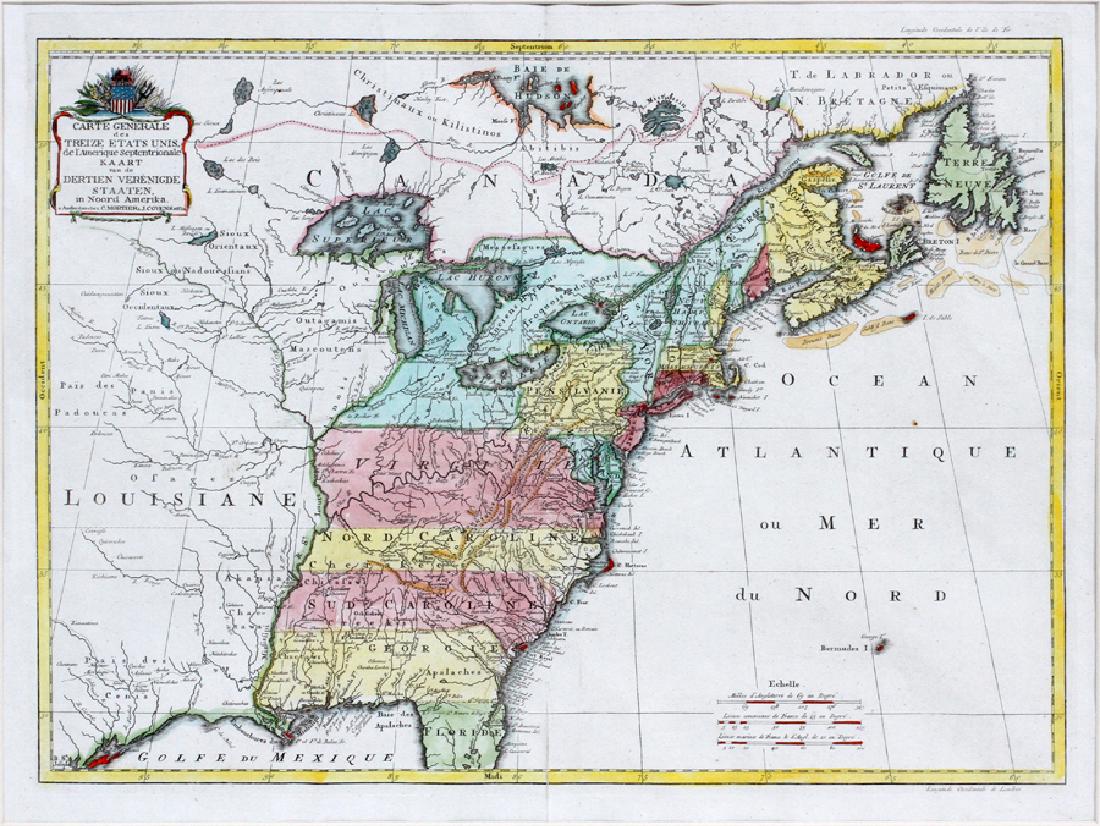 MARTIER & J. COVENS ET FILS HAND COLORED MAP: MARTIER & J. COVENS ET FILS, HAND COLORED PRINTED MAP, H 16 3/4", W 22 3/4", "CARTE GENERALE DES TREIGE ETATS UNIS":DATE PRINTED IS UNKNOWN; ARNOLD KLEIN, ROYAL OAK FRAMING LABEL.