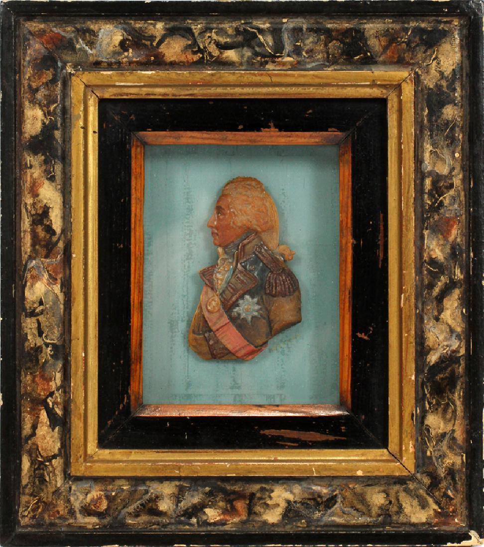 WAX PORTRAIT MINIATURE, 19TH C. LORD NELSON: WAX PORTRAIT MINIATURE, 19TH C., H 3.75", L 3", LORD NELSON :A hand-painted wax portrait miniature of Lord Nelson. Titled to the lower right margins. Frame measures H 8.25" x L 7.25". Presented under 