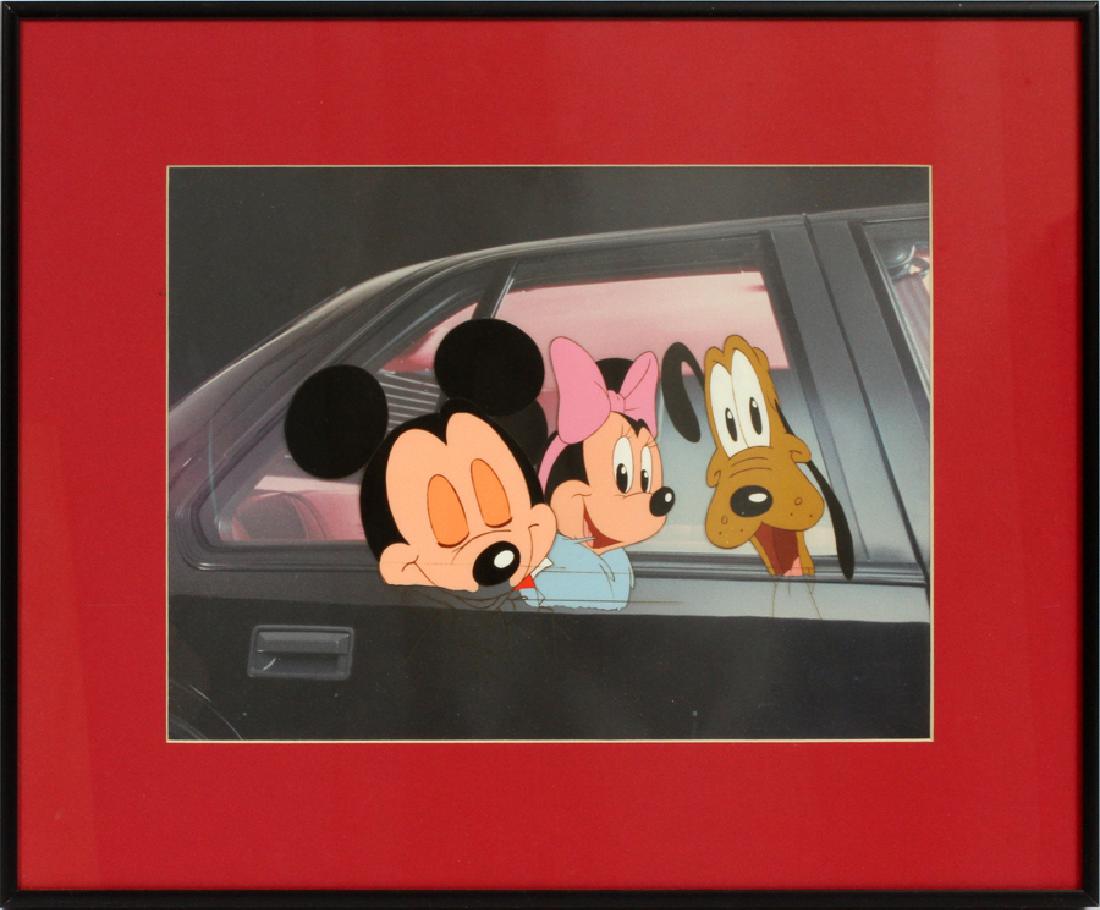 WALT DISNEY STUDIOS ORIGINAL PRODUCTION CEL: WALT DISNEY STUDIOS ORIGINAL PRODUCTION CEL FOR CHEVY LUMINA COMMERCIAL, 1990, 9" X 12" IMAGE, 'PREMIERE':Depicting Mickey Mouse, Minnie Mouse, and Pluto in the back seat of a car, under glass and mat