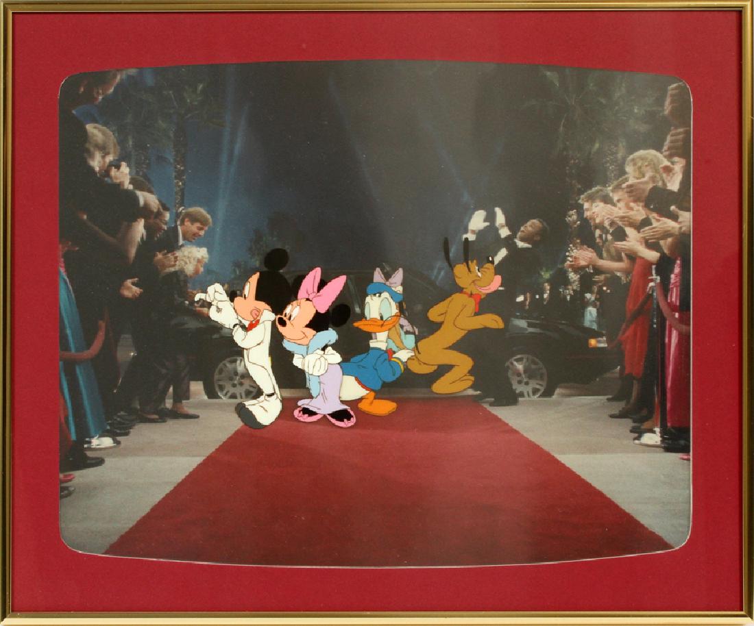 WALT DISNEY STUDIOS ORIGINAL PRODUCTION CEL: WALT DISNEY STUDIOS ORIGINAL PRODUCTION CEL FOR CHEVY LUMINA COMMERCIAL, 1990, 11" X 14" IMAGE, 'PREMIERE':DEPICTING MICKEY MOUSE, MINNIE MOUSE, DONALD DUCK, DAISY DUCK, AND PLUTO ON THE RED CARPET, U