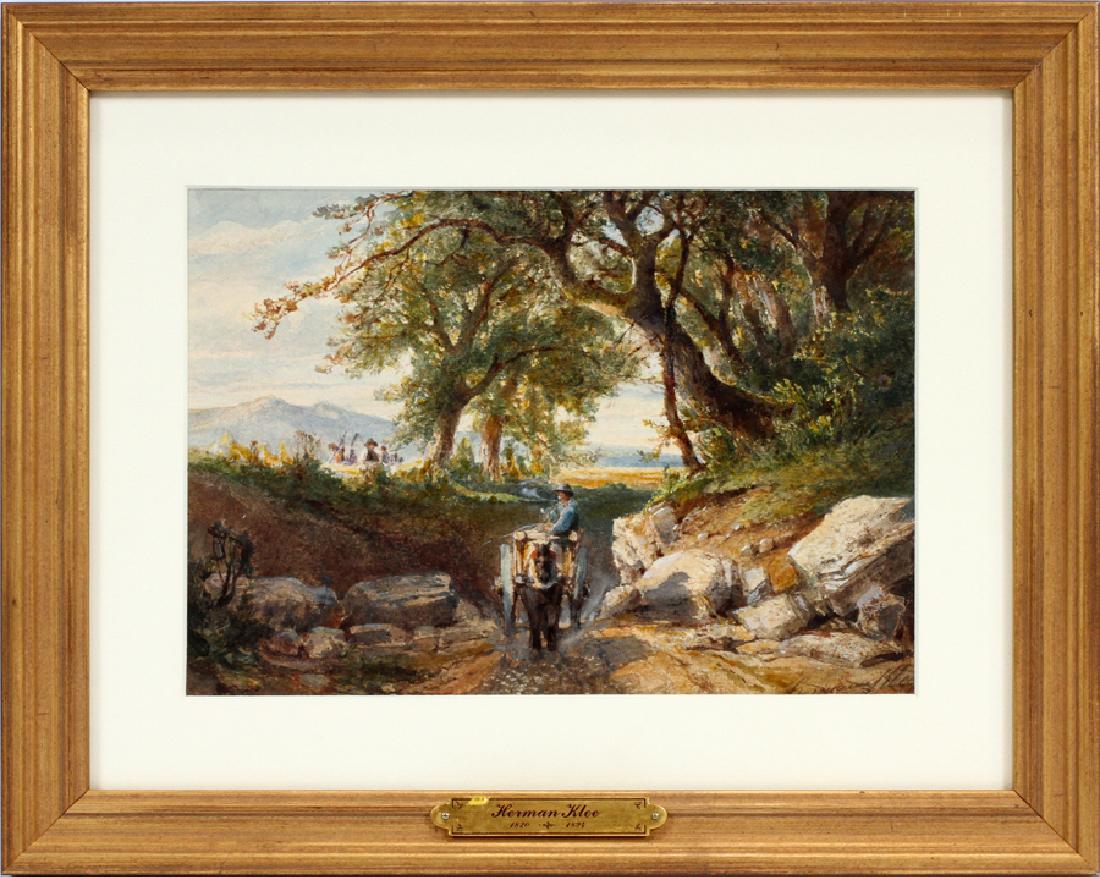 HERMANN KLEE WATERCOLOR HORSE & WAGON: HERMANN KLEE (AUSTRIAN, 1820â€“1894), WATERCOLOR, SIGHT: H 6 3/8", W 9 1/4", HORSE & WAGON ON DIRT ROAD :Signed lower right; framed, 11" x 14". Karl Bitterman-Wladar, Wien label.