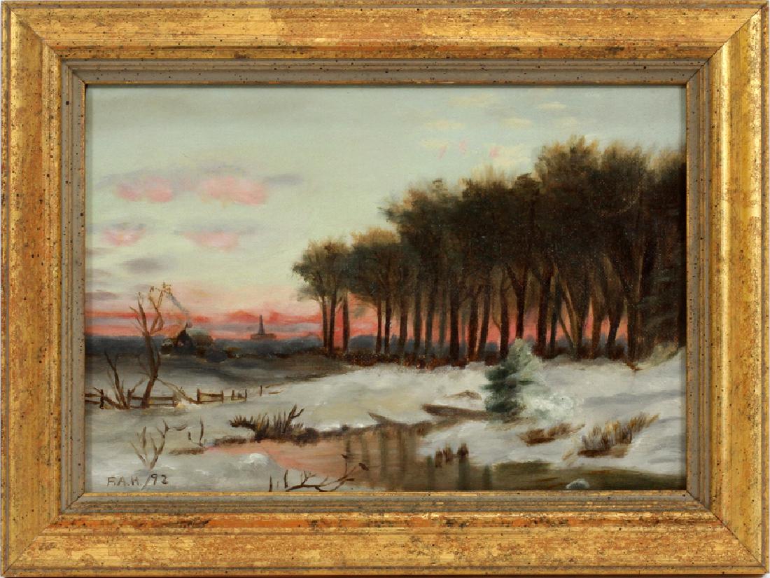 SIGNED "F.A.H.", OIL ON CANVAS, 1892: SIGNED "F.A.H.", OIL ON CANVAS, 1892, H 7", W 10" AMERICAN WINTER SCENE :Signed in monogram lower left. Frame size 9 1/4 ' x 12". Snow scene at sunset with farmhouse in distance.