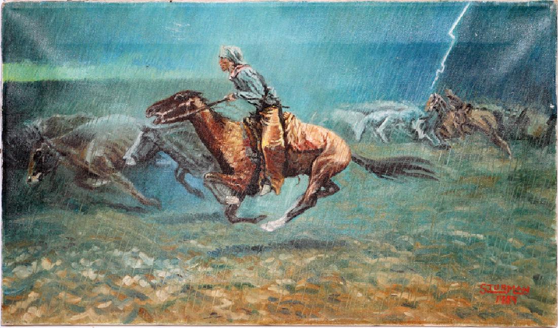 STURMAN, AFTER REMINGTON, OIL ON CANVAS: STURMAN, AFTER REMINGTON, OIL ON CANVAS, LIGHTING STORM, 1939, H 12", W 20":DEPICTS A CATTLE STAMPEDE IN A LIGHTNING STORM WITH A HORSE AND RIDER RUNNING WITH THE HERD. UNFRAMED. SIGNED AND DATED LOWE