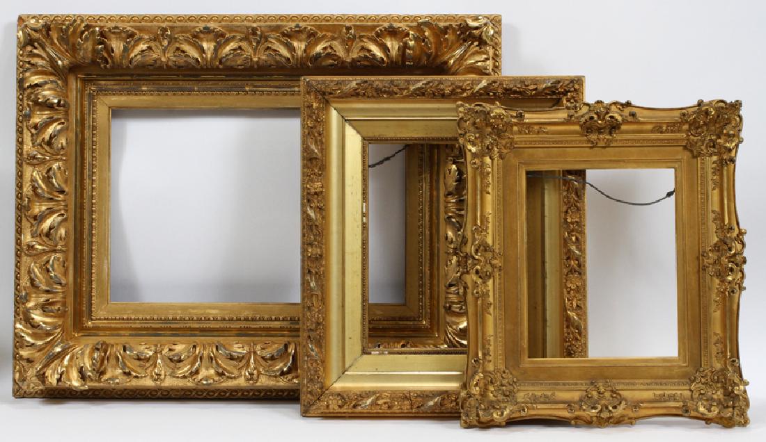 MISCELLANEOUS ANTIQUE GILT PICTURE FRAMES, 3: MISCELLANEOUS ANTIQUE GILT PICTURE FRAMES, 3:Includes: one gilt gesso museum quality frame with high relief acanthus leaf design, fits a 12" x 18" picture, outer dimensions are 23" x 29"; one gilt ges