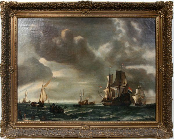 VAN DER VELDE OIL, DUTCH MARINE SCENE W/SHIPS: VAN DER VELDE, OIL ON CANVAS, DUTCH MARINE SCENE WITH MANY SHIPS, C. EARLY 19TH C., 24" X 32":Signed lower right; gilt antique frame.