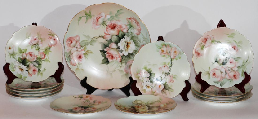 E. MILER, T&V LIMOGES PORCELAIN LUNCHEON SET: E. MILER, T&V LIMOGES PORCELAIN LUNCHEON SET, 13 PCS, DIA 12.75"A signed T&V Limoges hand-painted luncheon set. This collection features twelve luncheon plates and one serving platter, each depicting 