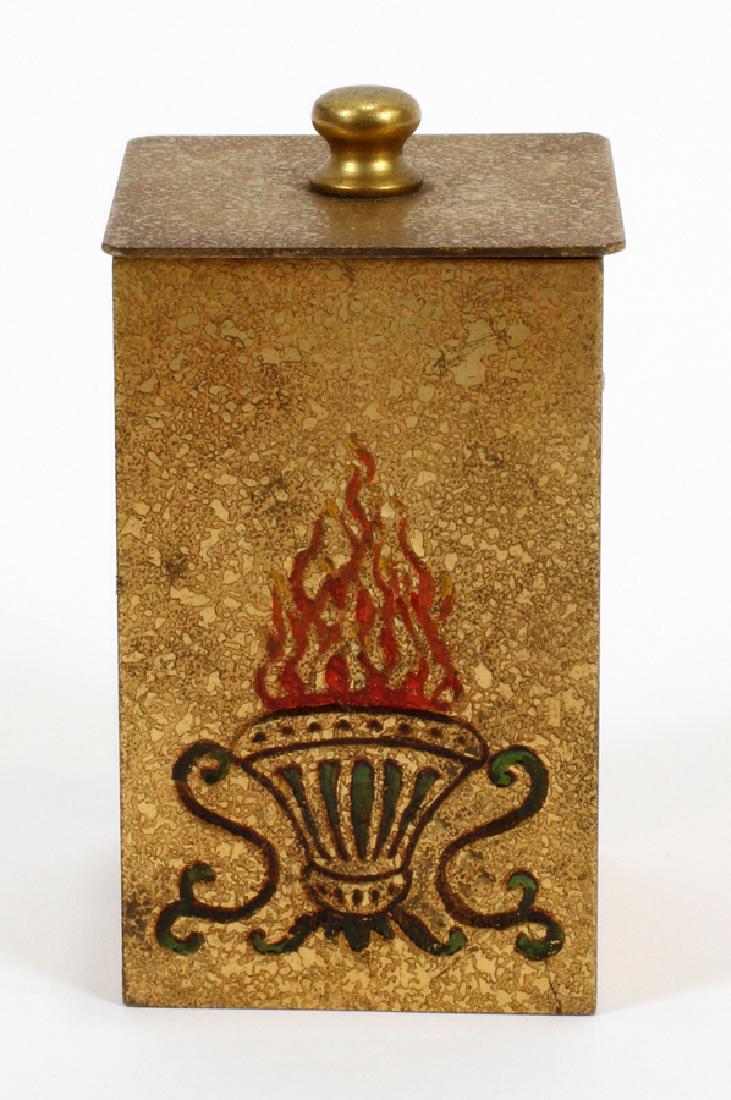 TIFFANY STUDIOS GILT BRONZE & ENAMEL MATCH HOLDER: TIFFANY STUDIOS, NEW YORK, GILT BRONZE AND ENAMEL MATCH HOLDER, C. 1900, H 3.5", W 2.25", L 2.25", 1819 Gilt bronze divided match box dispenser with a pull knob on top. Of square section, the lid pull
