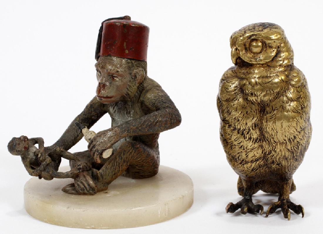 AUSTRIAN, BRONZE SCULPTURES, 2 PCS: AUSTRIAN, BRONZE SCULPTURES, ONE HAVING A FRANZ BERGMAN FOUNDRY MARK, 2 PIECES:A freestanding gilt bronze owl sculpture, H 3 1/4", with a Franz Bergman foundry mark on the underside. Also, an Austrian