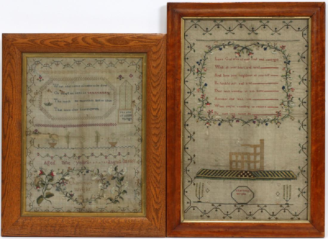 CHARLOTTE WRIGHT, ENGLISH, EMBROIDERED SAMPLERS: CHARLOTTE WRIGHT, ENGLISH, EMBROIDERED SAMPLERS, C1811, 2 PCS, H 16" & 20", W 12" Two samplers embroidered by Charlotte Wright one dated 1811 and the other undated. Smaller piece inscribed: "Aged Nine