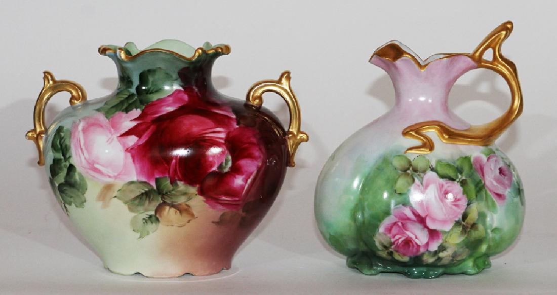 SIGNED & J.P. LIMOGES PORCELAIN VESSELS, 2 PCS: SIGNED & J.P. LIMOGES PORCELAIN VESSELS, 2 PCS, H 8.25", W 6.5", D 5"A grouping of J.P. Limoges porcelain vessels. Each piece features a rose motif accented by gilt trim. One is branded J.P. Limoges, 