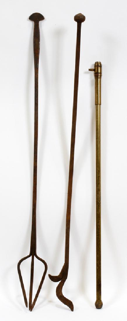 FIREPLACE BRASS LOG LIGHTER, POKERS IRON TOOLS: FIREPLACE BRASS LOG LIGHTER, LOG POKERS HAND-MADE CAST IRON TOOLS, (3), L 30" - 37" Fire Place tools.