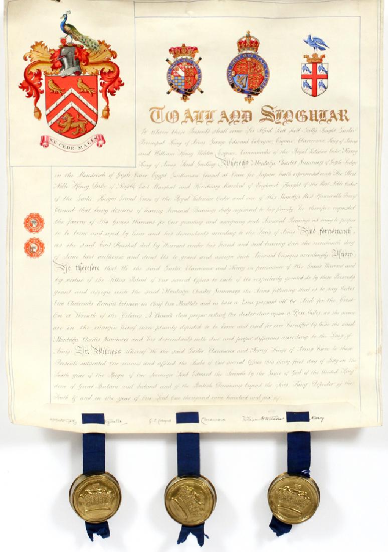 ORDER OF THE GARTER, GRANT OF ARMS AND CREST, 1906: ORDER OF THE GARTER, GRANT OF ARMS AND CREST, 1906, H 24" W 20 3/4" A Grand of Arms and Crest to Montagu Charles Summers, from Sir Alfred Scott Scott-Gatty, Garter Principal King of Arms, George Edwar