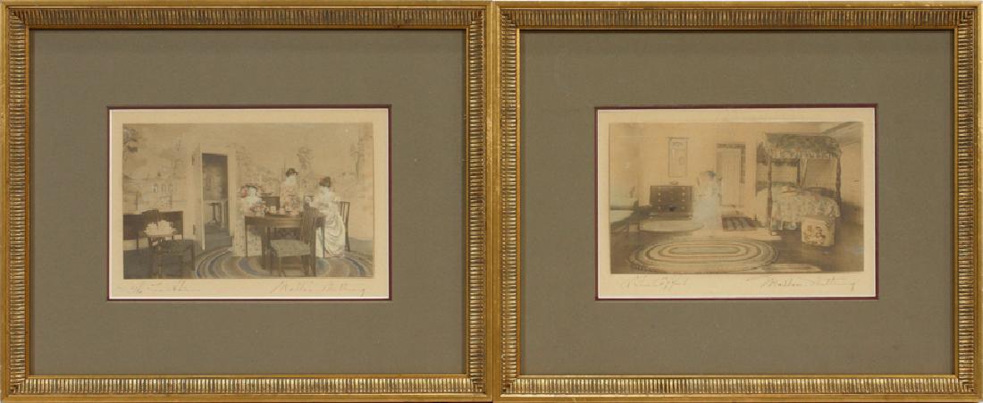 WALLACE NUTTING COLORED PHOTOGRAPHS, 1917: WALLACE NUTTING, AMERICAN, (1861-1941) COLORED PHOTOGRAPHS, 1917, H 9", W 12" "TEA HOUR" & "A FINE EFFECT" Framed and matted under glass. Depicting women at a tea table and a woman at her dressing tab