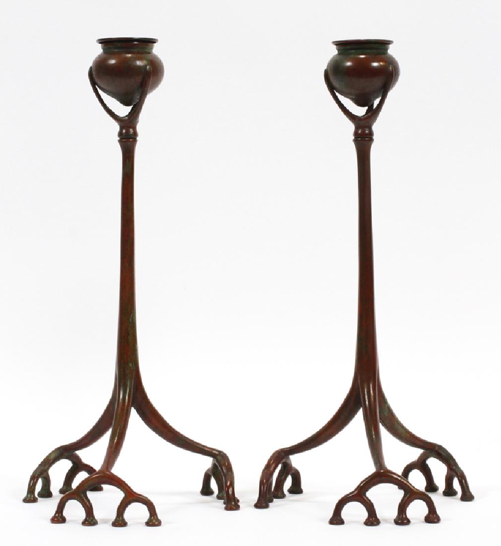 TIFFANY STUDIOS NEW YORK BRONZE CANDLE HOLDERS: TIFFANY STUDIOS NEW YORK, BRONZE "ROOT" CANDLE HOLDERS, #1200 PAIR H 12" Marked on underside.