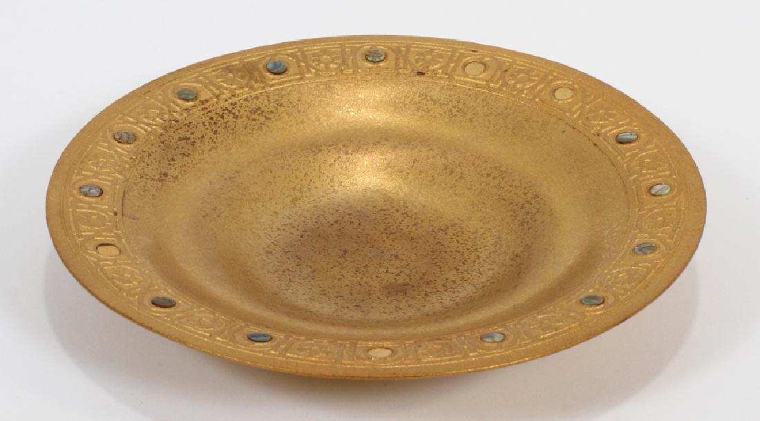 TIFFANY STUDIOS, NEW YORK BRONZE DORE BOWL: TIFFANY STUDIOS, NEW YORK BRONZE DORE BOWL #1723 DIA 9" Abalone inlay.Crisp signature near outer edge. Circa 1910.