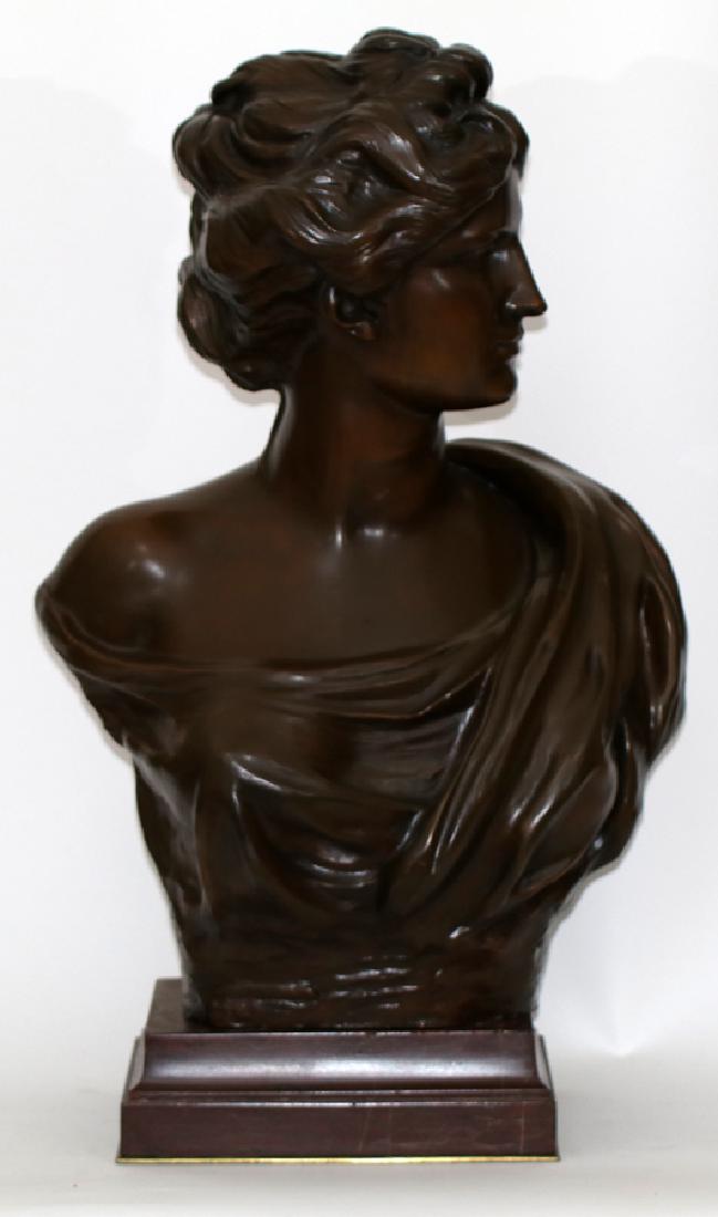 JEF. LAMBEAUX BRONZE SCULPTURE CLASSICAL WOMAN: JEF. LAMBEAUX, BELGIUM 1852 - 08, BRONZE SCULPTURE, H 24", L 16", CLASSICAL WOMAN Life size bust on rouge marble base. Signed.