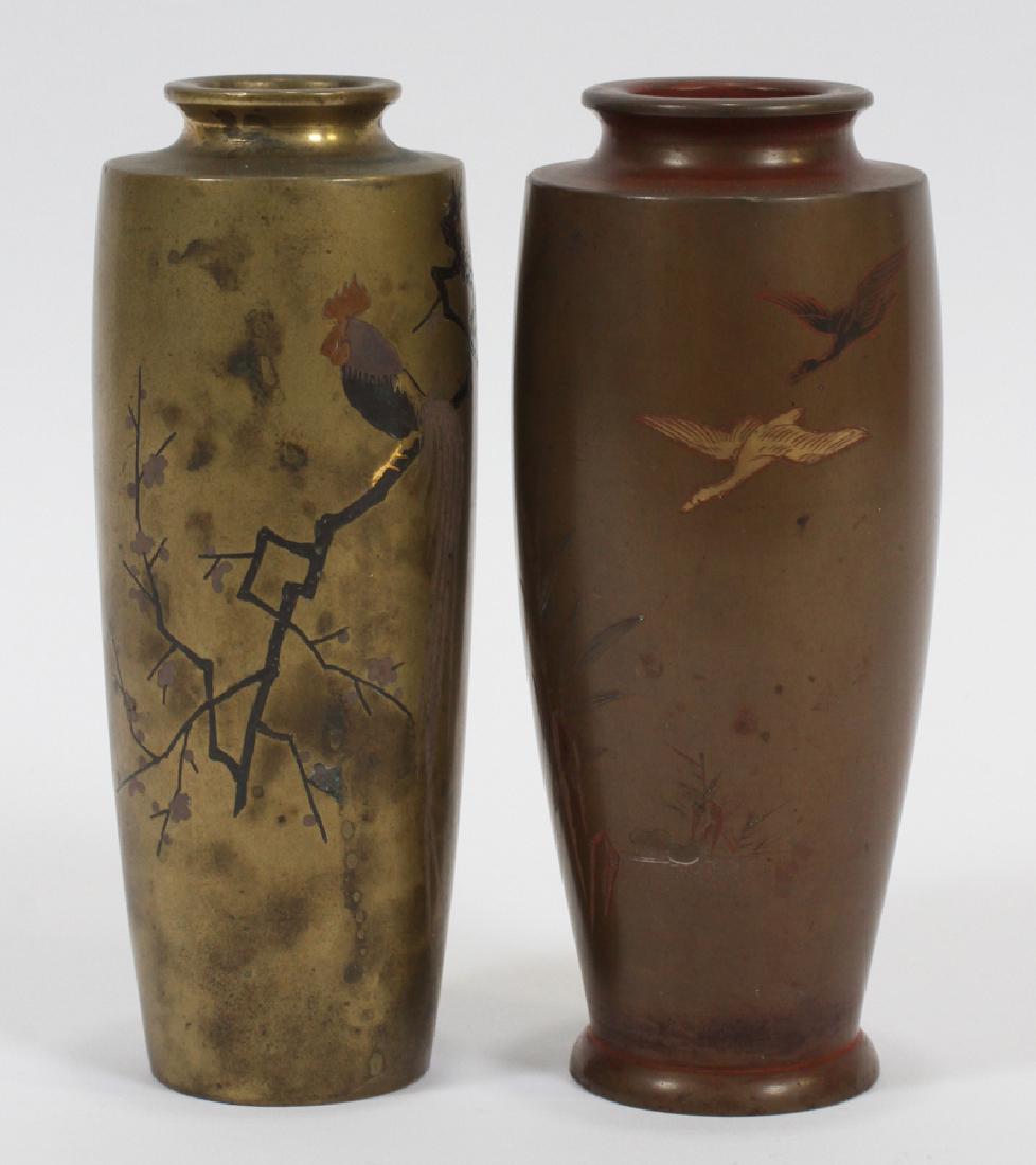 JAPANESE MEIJI BRONZE, MIXED METAL VASES 19TH C.: JAPANESE MEIJI BRONZE, MIXED METAL VASES 19TH C. 2 H 6.25" DIA 2", 2.5" Two mixed metal and bronze Japanese vases. The first having a bamboo and bird motif with a reddish patina; the second having a r