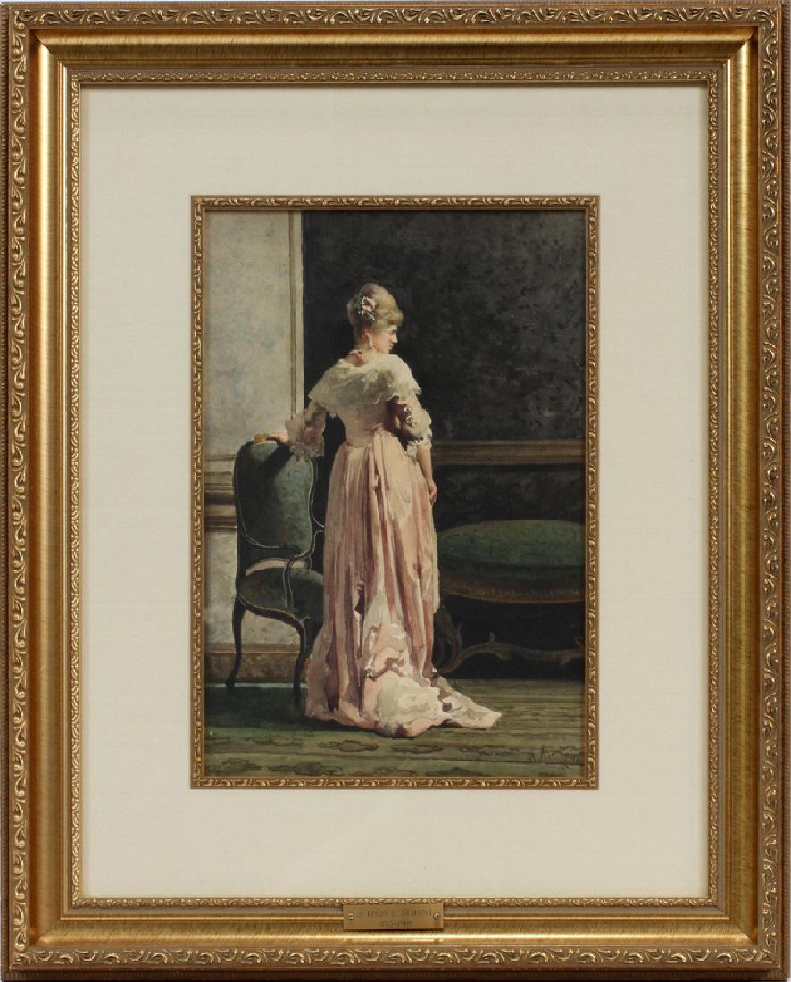 SCIPIONE SIMONI WATERCOLOR ON PAPER: SCIPIONE SIMONI (ITALIAN 1853-1918), WATERCOLOR ON PAPER, H 14", L 9 3/4" Signed lower right and dated 1876. Depicting a lady in a pink dress. Matted and framed under Plexiglas.