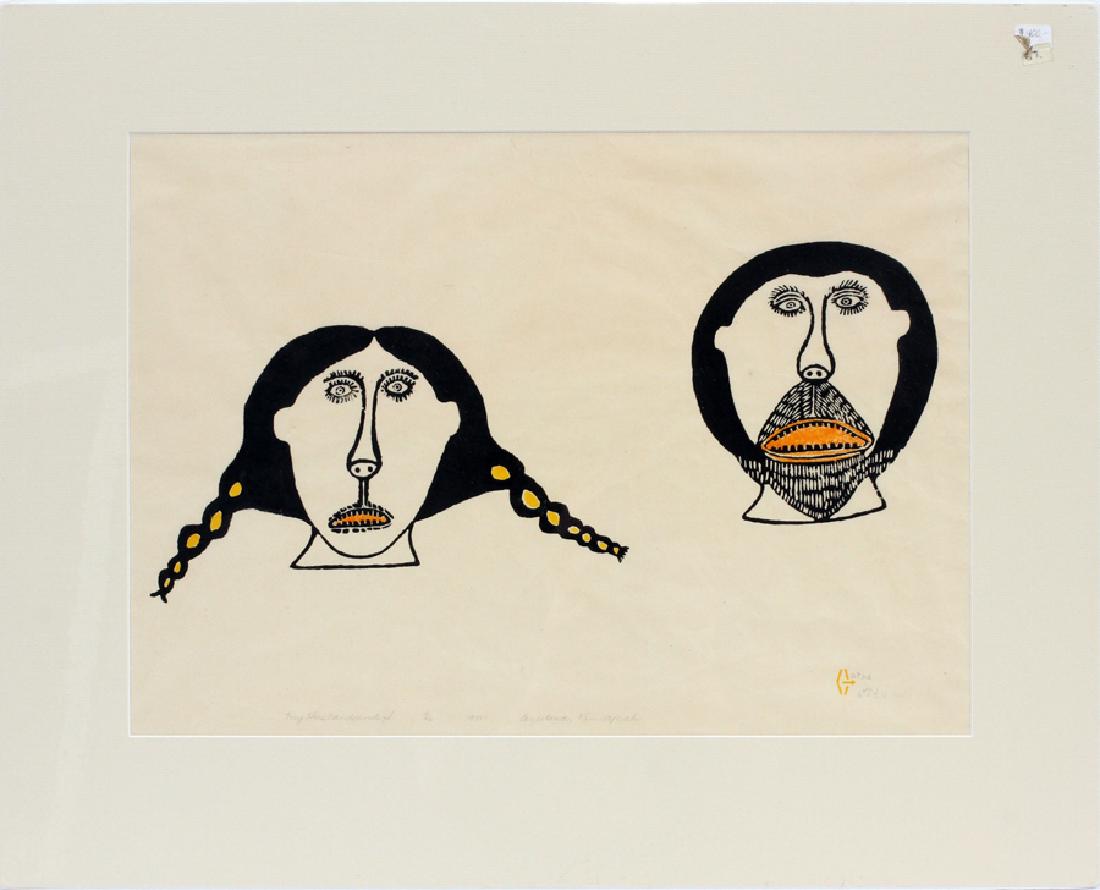 EEYECTOWA KENNERJUAK, INUIT STONE PRINT, 1971: EEYECTOWA KENNERJUAK, INUIT STONE PRINT, 1971, H 14", W 19", "MY HUSBAND AND I" Pencil signed. Unframed. Numbered 4/46.