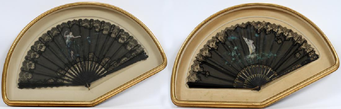 FRENCH HAND-PAINTED BLACK LACE FANS: FRENCH HAND-PAINTED BLACK LACE FANS, C. 19TH CENTURY, PAIR, L 25 1/2", W 14", GILT SHADOW BOX FRAMESHaving one fan with hand-painted reclining female figure, signed "Aubert"; and one fan with hand-pai