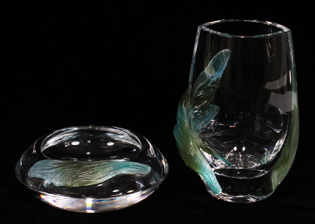 DAUM (FRENCH) VASES & BOWL, 5 PCS: DAUM (FRENCH) VASES & BOWL, 5 PCS Two pairs of vases, H 8" x L 6"; bowl H 2 1/4" x Dia 7". Aqua frosted to clear, leaf design.