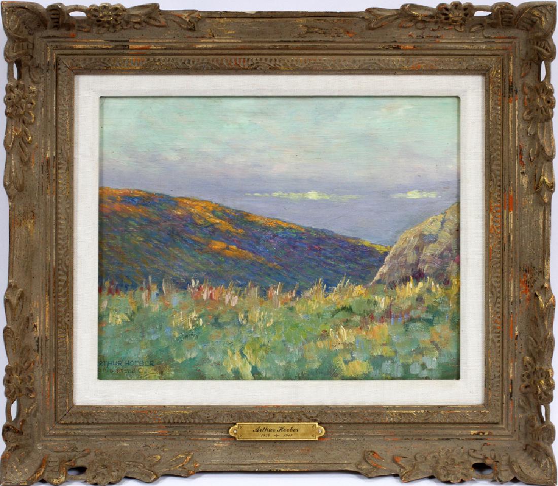 ARTHUR HOEBER OIL ON ARTIST BOARD: ARTHUR HOEBER (AMERICAN, 1854â€“1915), OIL ON ARTIST BOARD, H 9", W 12", "CAPE COD SHORELINE" Signed and inscribed lower left, "to his friend G___"; framed. Provenance: purchased at Aspire Auctio