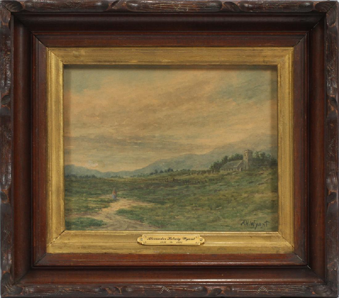 ALEXANDER HELWIG WYANT WATERCOLOR H 7.5" W 9.5": ALEXANDER HELWIG WYANT, USA 1836-92, WATERCOLOR H 7.5" W 9.5" Landscape depicting old farm building with stone tower. Signed right. Walnut frame 13" x 15".