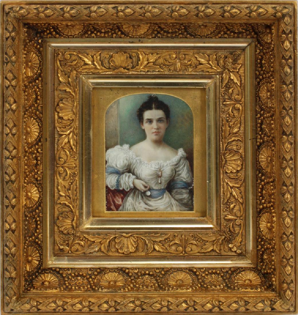 WATERCOLOR MINIATURE PAINTING 19TH.C. H 5" W 4": WATERCOLOR MINIATURE PAINTING 19TH.C. H 5" W 4" Exquisite portrait of young girl holding locket. Appears to have the initials "CA" in the far lower right corner. Gilt frame.