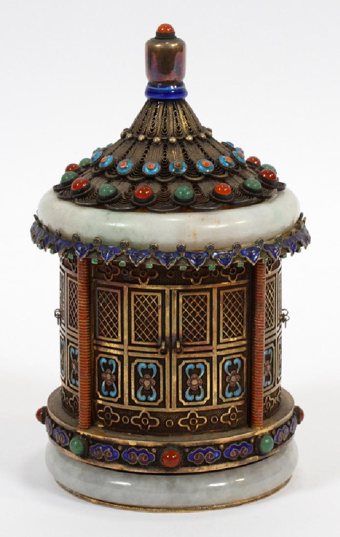 CHINESE Q'ING WHITE JADE, SILVER, ENAMEL, BOX: CHINESE Q'ING WHITE JADE, SILVER, ENAMEL, CARNELIAN BANGLE BOX, 19TH C., H 6", DIA 3" Chinese white jade, silver, enamel, and carnelian bangle box. Having silver filigree vermeil with enamel, carnelia