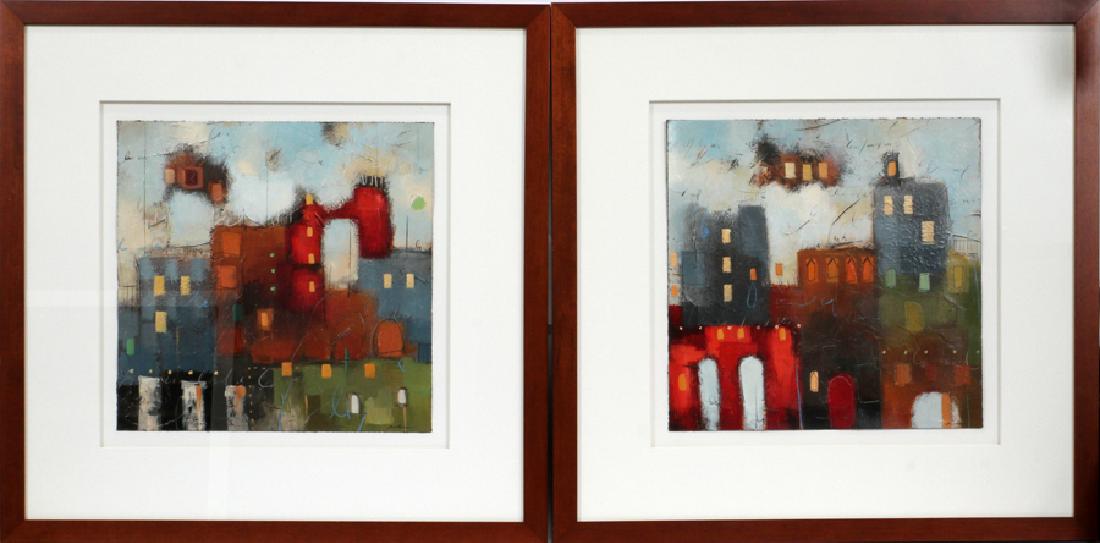 SIGNED CONTEMPORARY MIXED MEDIA PAINTINGS, 2 PCS: SIGNED CONTEMPORARY MIXED MEDIA PAINTINGS, 2 PCS, H 16", L 16"A pairing of signed mixed media paintings on paper. Each piece depicts a contemporary rendering of architecture; utilizing burlap, oil pai