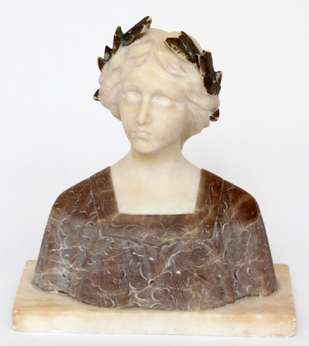 ITALIAN CARVED ALABASTER & MARBLE BUST: ITALIAN CARVED ALABASTER & MARBLE BUST, 19TH C., H 10 1/2", W 9 1/2"An Italian carved alabaster bust. This piece depicts a woman wearing in a traditional laurel crown. The bust is unmarked and unsigne
