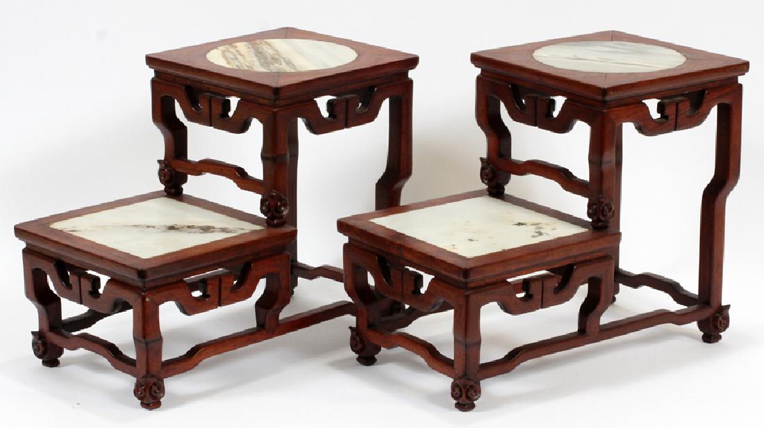 CHINESE, CURIO STEP STANDS, 20TH C., PAIR: CHINESE, CURIO STEP STANDS, 20TH C., PAIR, H 11", W 7 1/2", L 13" :Having inset marble tops. Top tier having a round marble insert. Lower tier has a square insert.