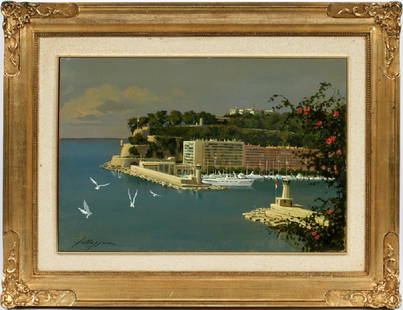 LUCIO SOLLAZZI OIL ON WOOD PANEL COASTAL CITY: LUCIO SOLLAZZI (ITALIAN, B. 1925-), OIL ON WOOD PANEL, AFTER 1950, H 16", W 24", COASTAL CITY :SIGNED LOWER LEFT (SEE PHOTO DETAIL); GILT FRAME.